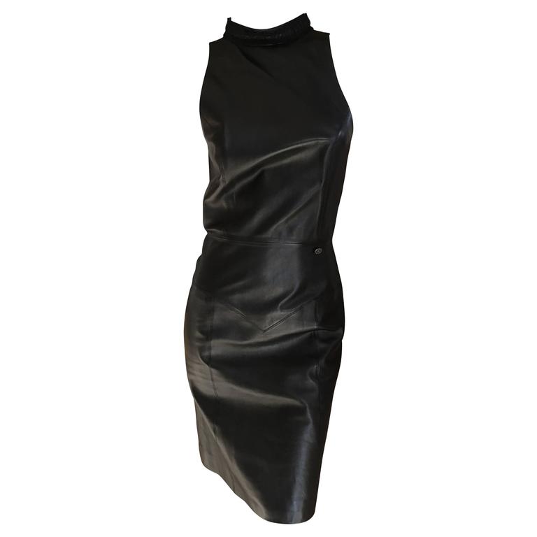 Chanel Black Leather Cocktail Dress Size 36 For Sale at 1stDibs