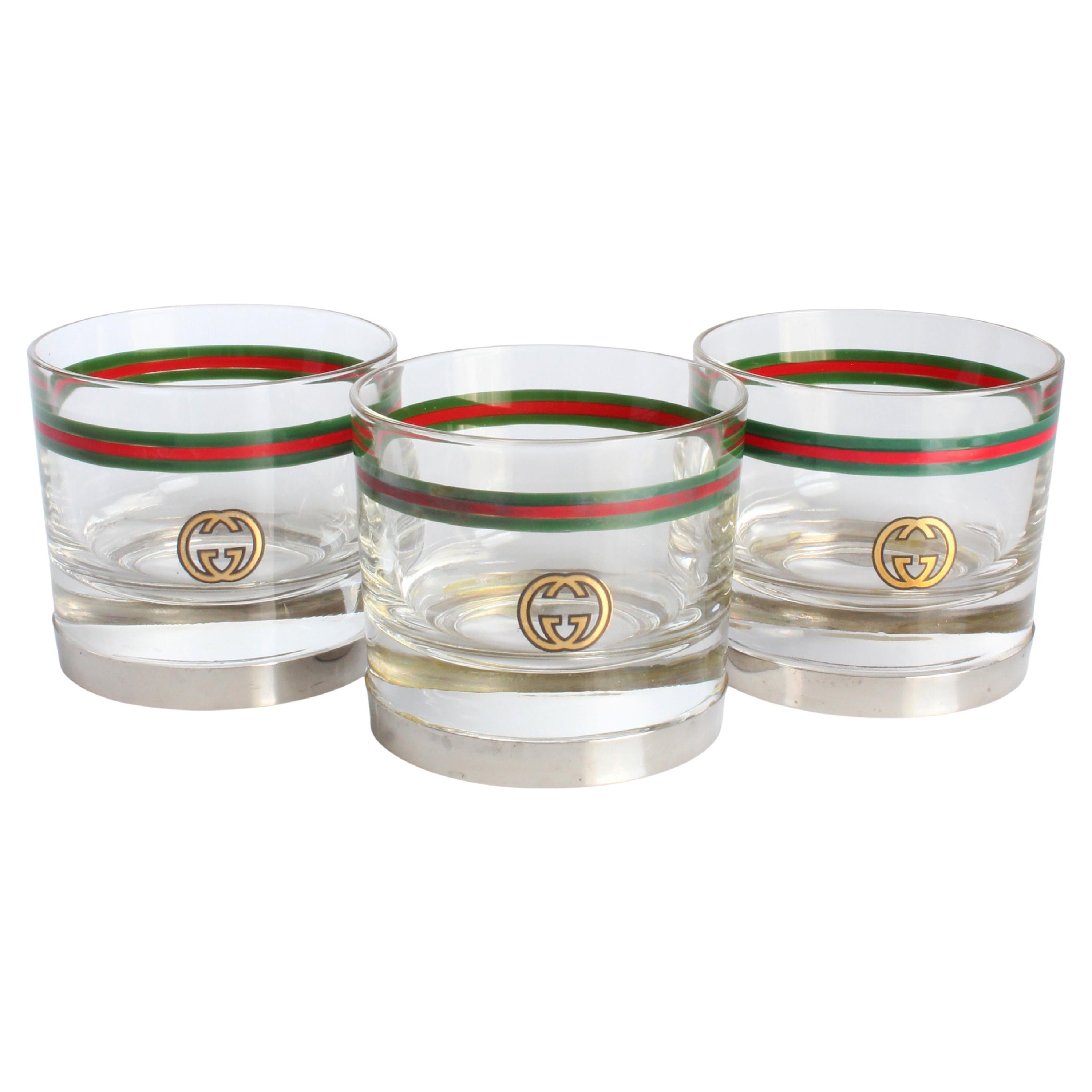 Gucci Cocktail Glasses with Silver Base GG Logo Webbing 3pc Set Barware Vintage For Sale