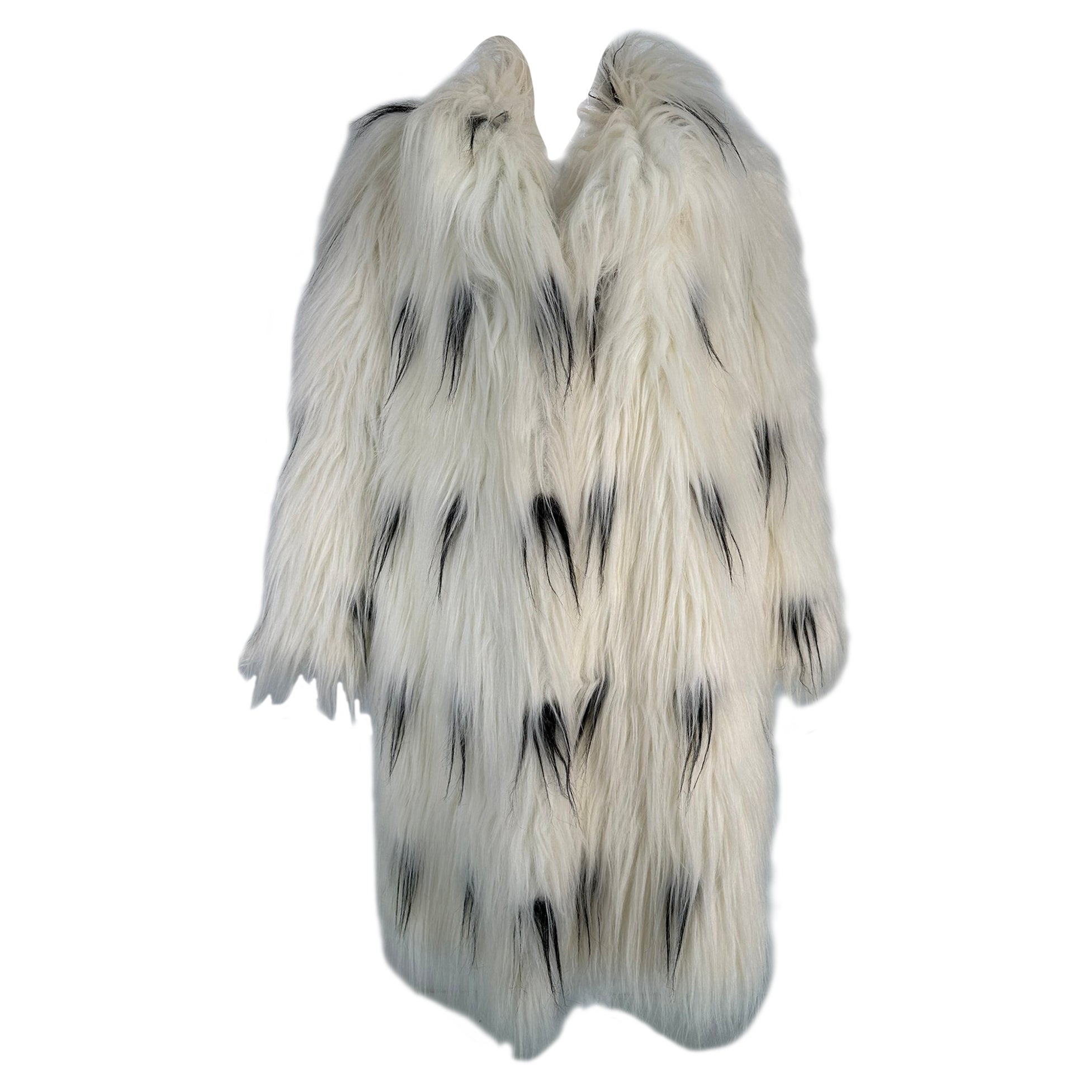 Pauline Trigere Black & White Shaggy Faux Fur Coat 1980s