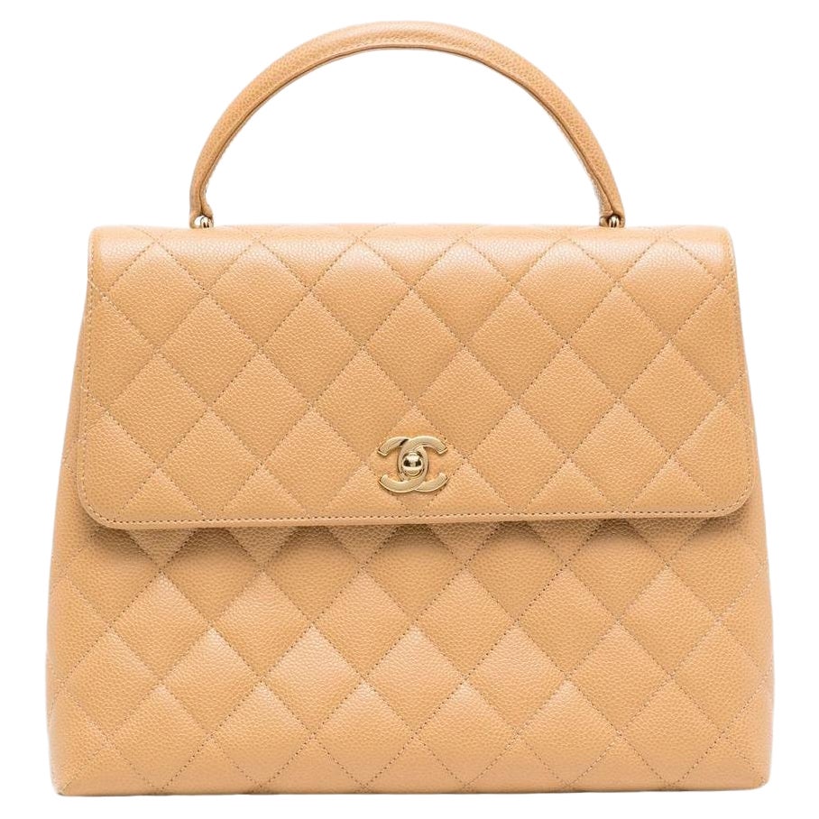 Chanel 2001 Rare Vintage Kelly Top Handle Beige Quilted Caviar Classic Flap Bag  For Sale