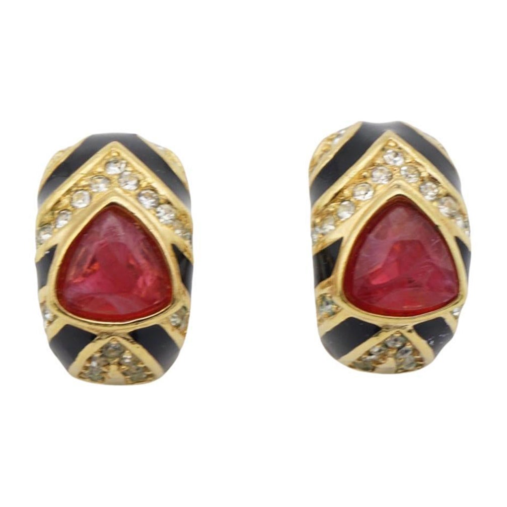 Christian Dior Vintage 1980s Gripoix Ruby Black Crystal Hoop Gold Clip Earrings For Sale