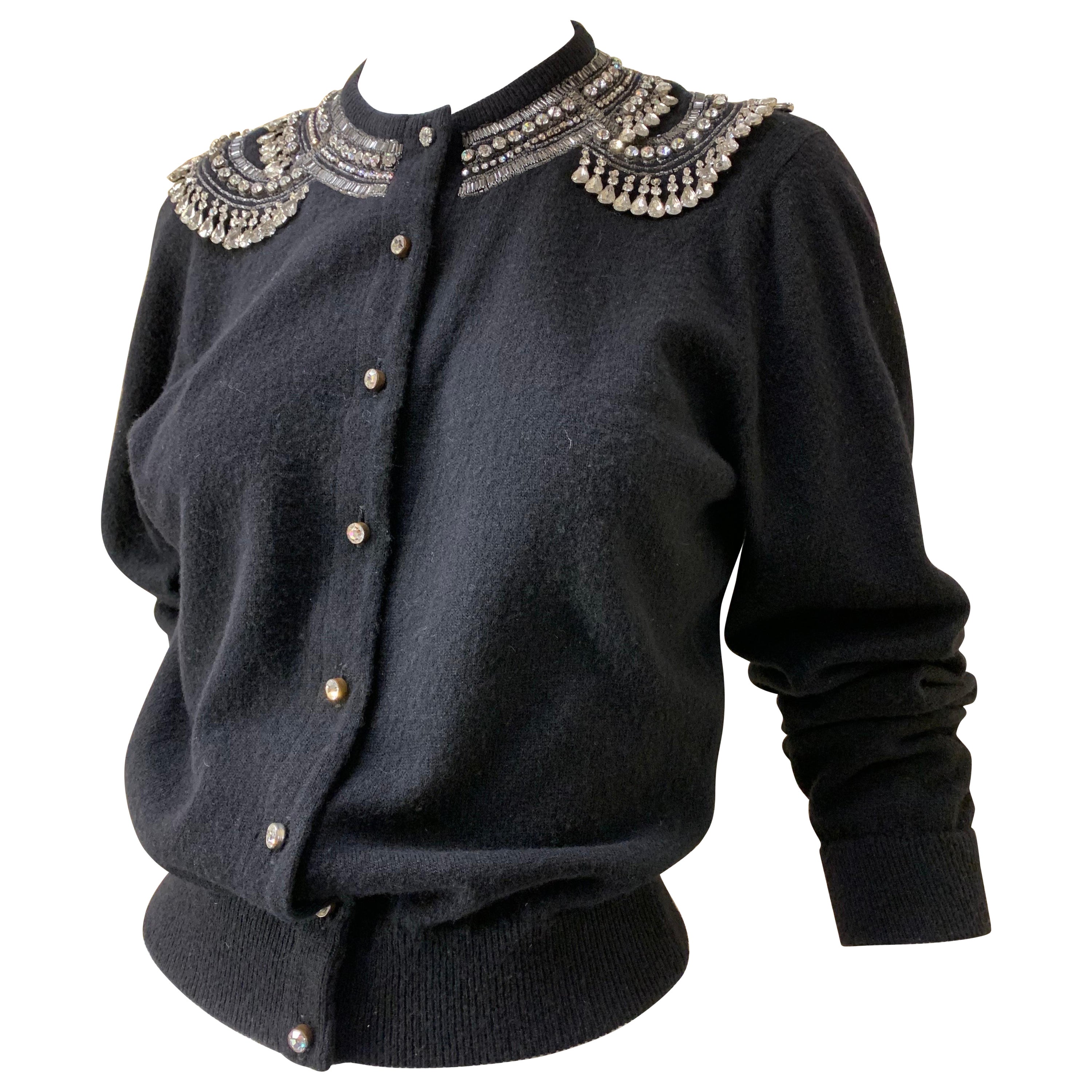 1950s Giovagnoni Black Cashmere Button-Up Sweater w Tear-Drop Rhinestone Fringe (Pull à boutons en cachemire noir avec frange en forme de goutte d'eau) en vente