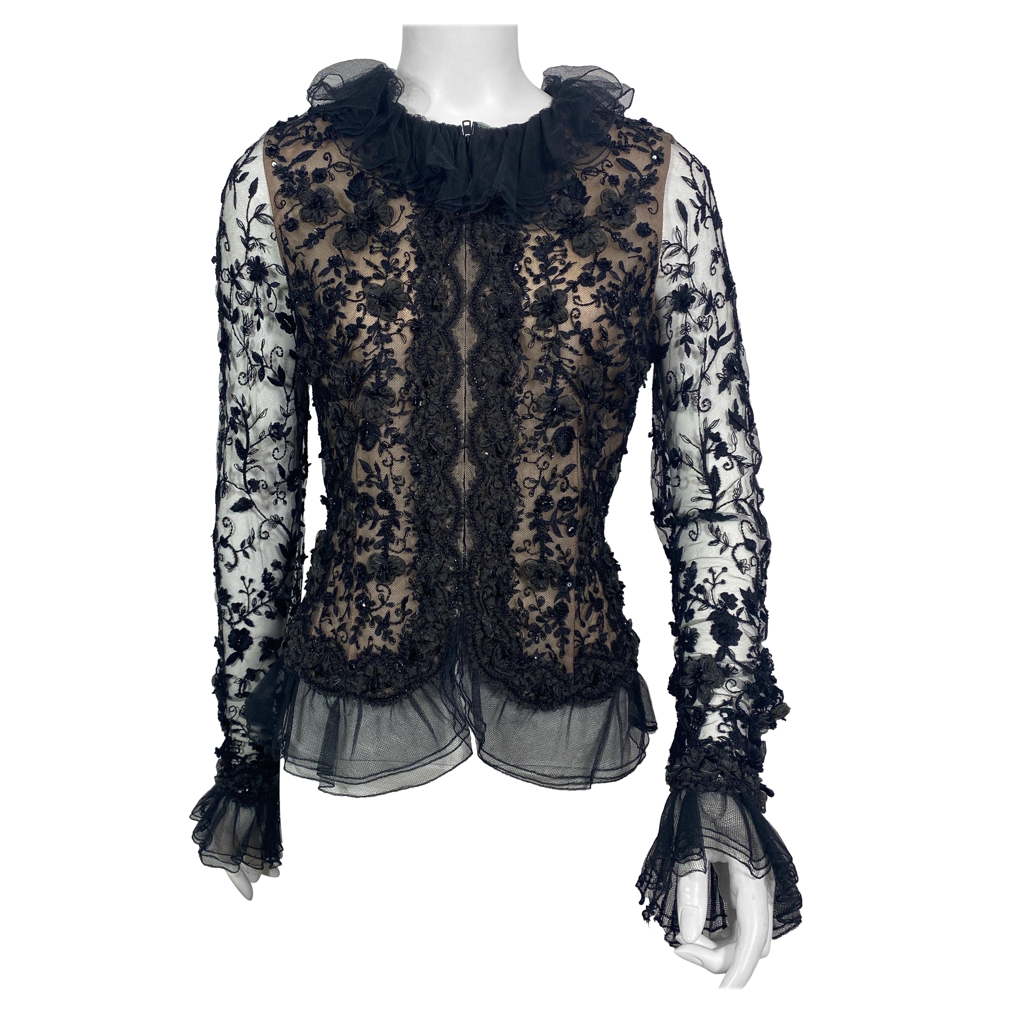 Oscar de La Renta 1980’s Black Lace Embellished Beaded Top Jacket-Size 10 For Sale