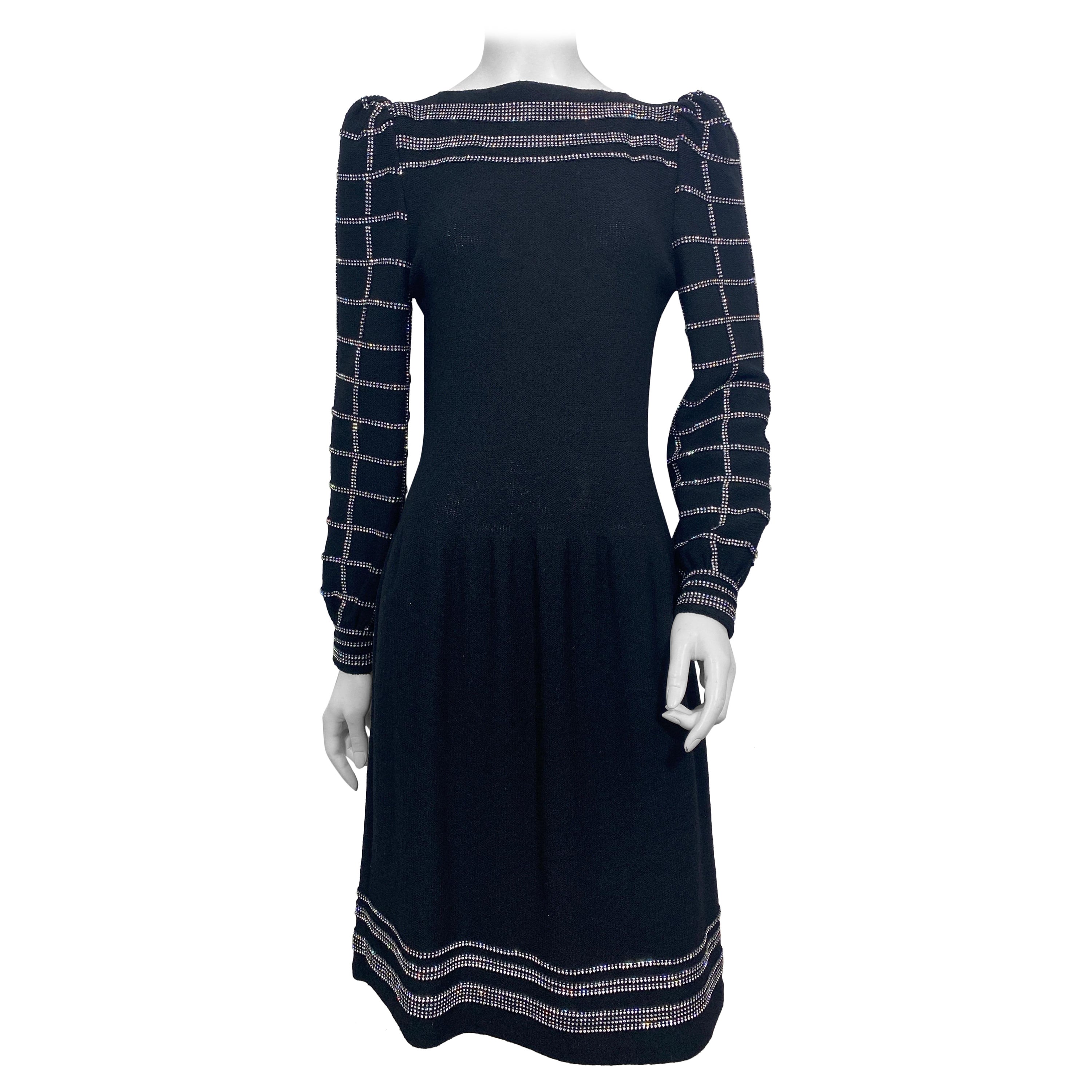 Adolfo 1980’s Black Wool Knit Rhinestone Embellished Dress- Size 6 For Sale