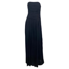 Lanvin 1970's Schwarz Verschluss Plissee Matte Jersey Trägerlos Langes Kleid-Größe 40