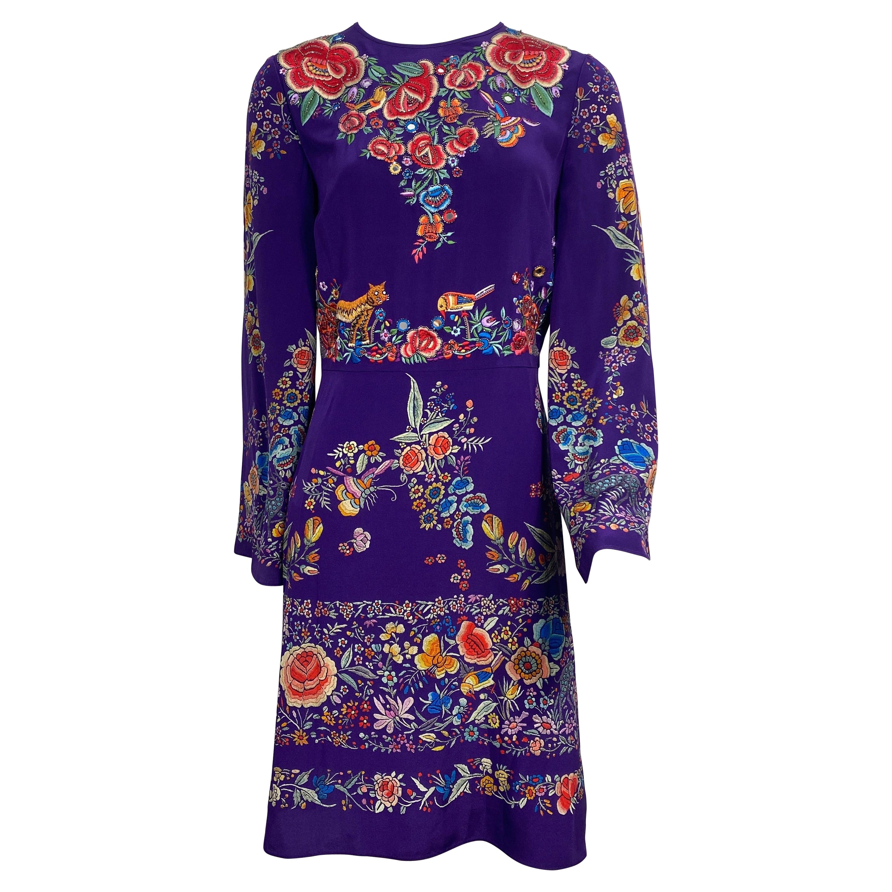 Roberto Cavalli Resort 2017 Purple Multi Embroidered Silk Print Dress-Size 40 For Sale