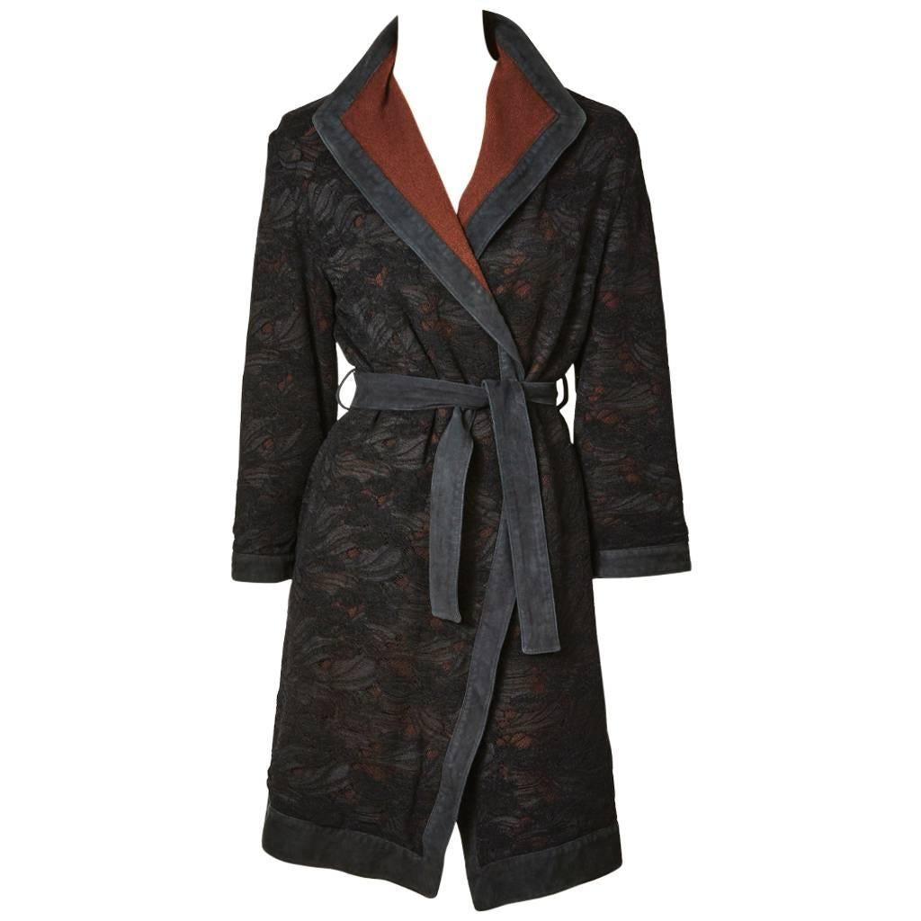 Versace Wool Belted Coat With Lace Overlay