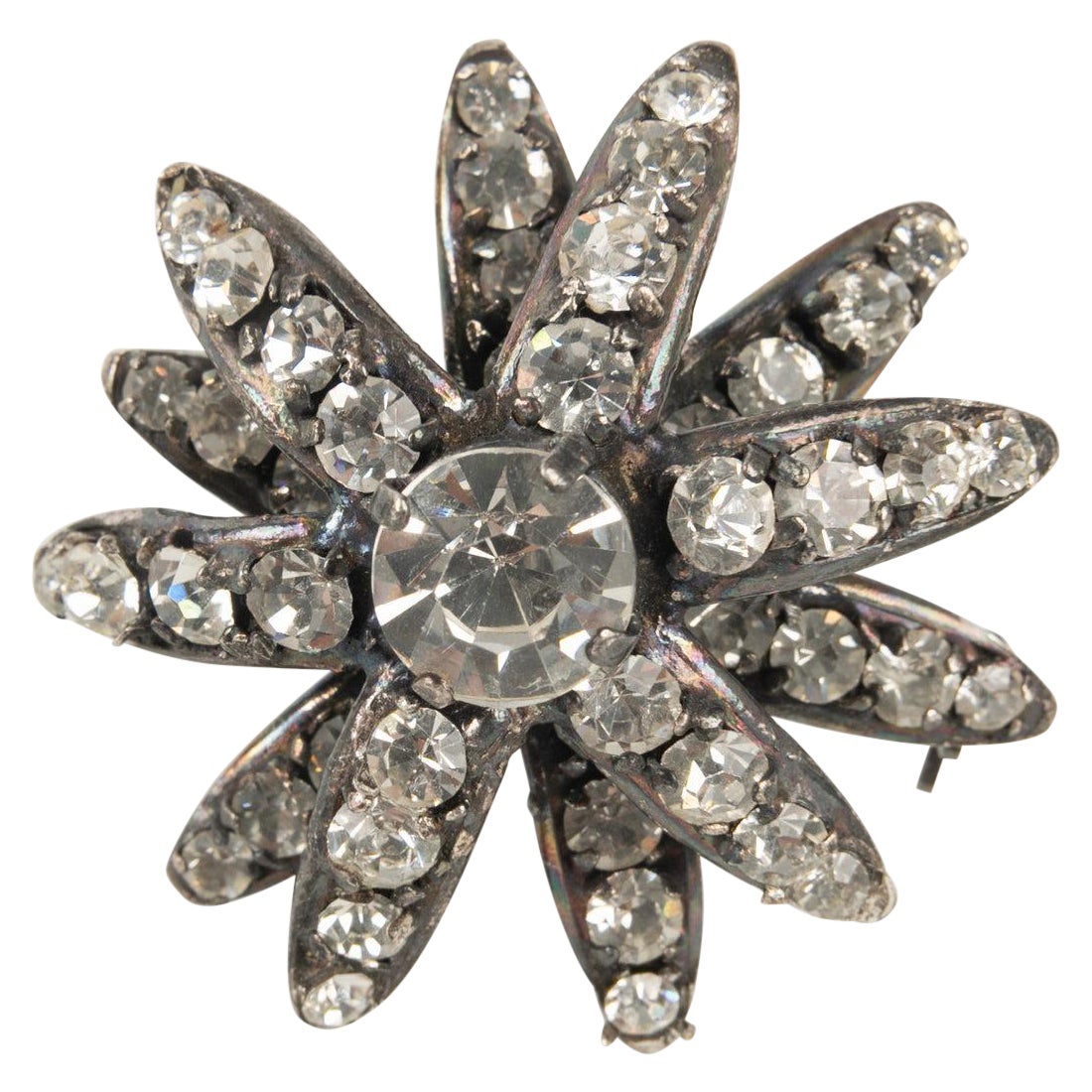 Chanel Dark Silvery Metal Brooch Ornamented with Swarovski Rhinestones For Sale