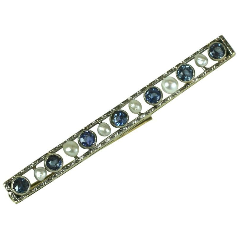 Edwardian Sapphire and Pearl Bar Pin For Sale