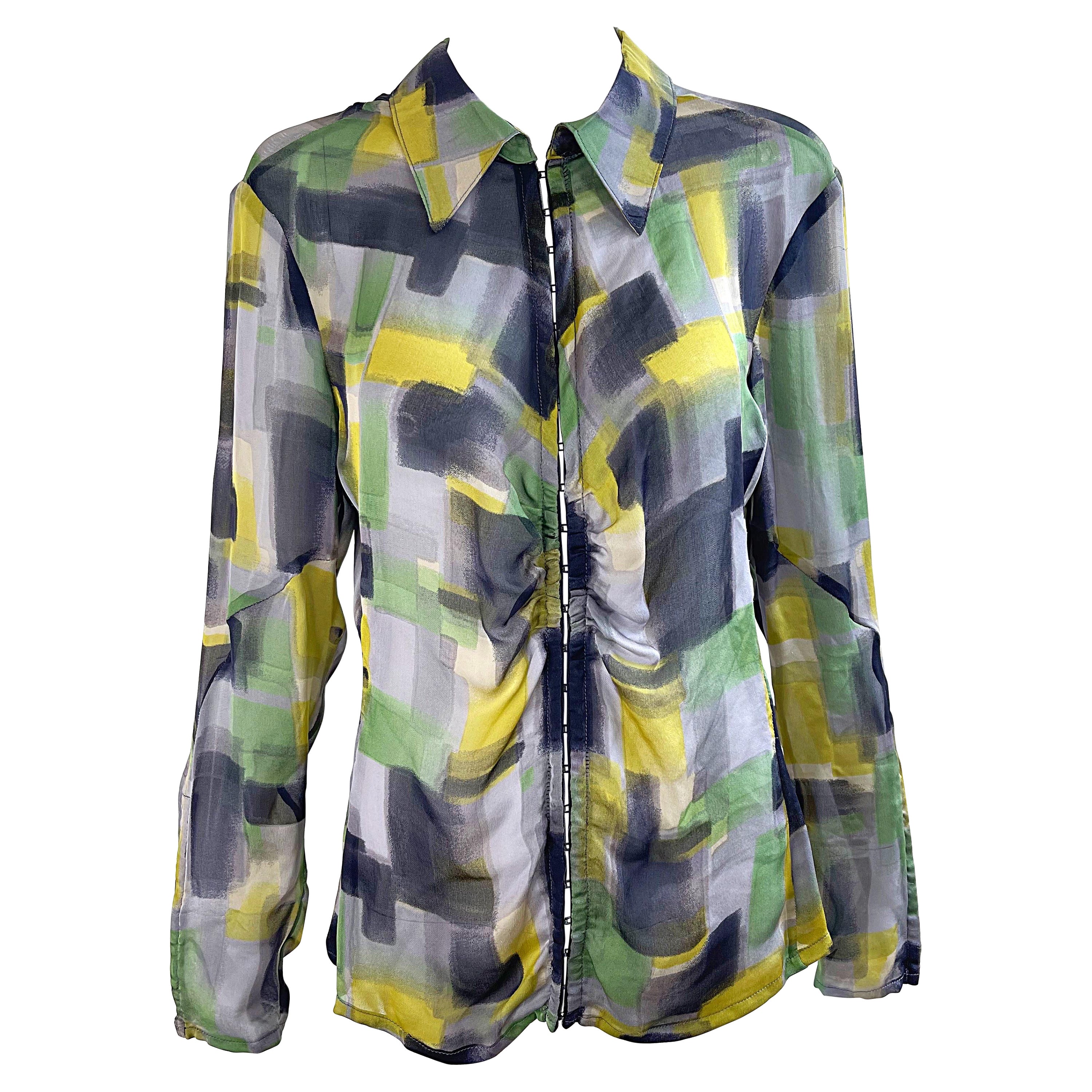 NWT Zenobia Saks 5th Avenue Size 12 Sheer Silk Chiffon Abstract Print Blouse Top For Sale