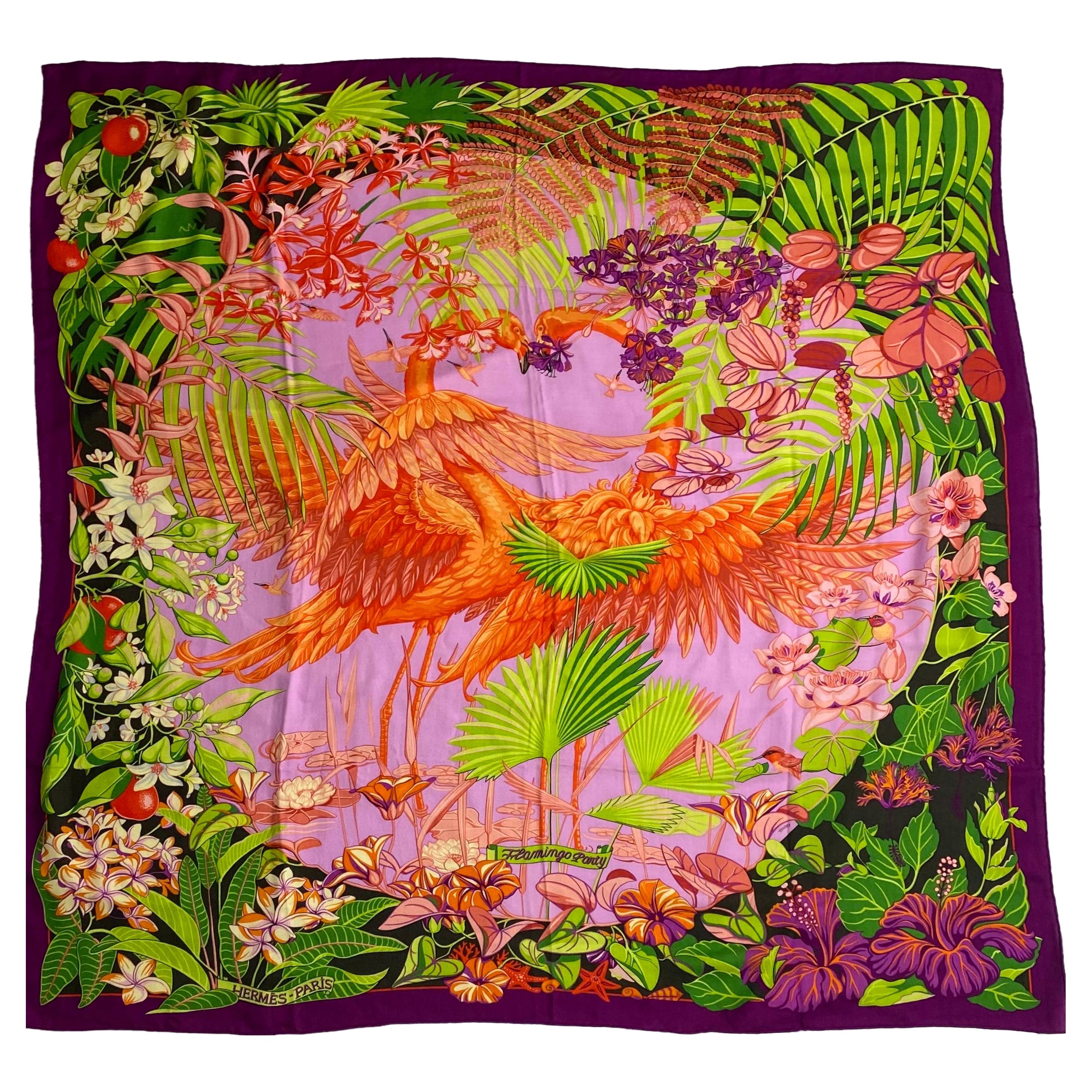 Hermes “FLAMINGO PARTY” multi color cashmere 140 cm large shawl  For Sale