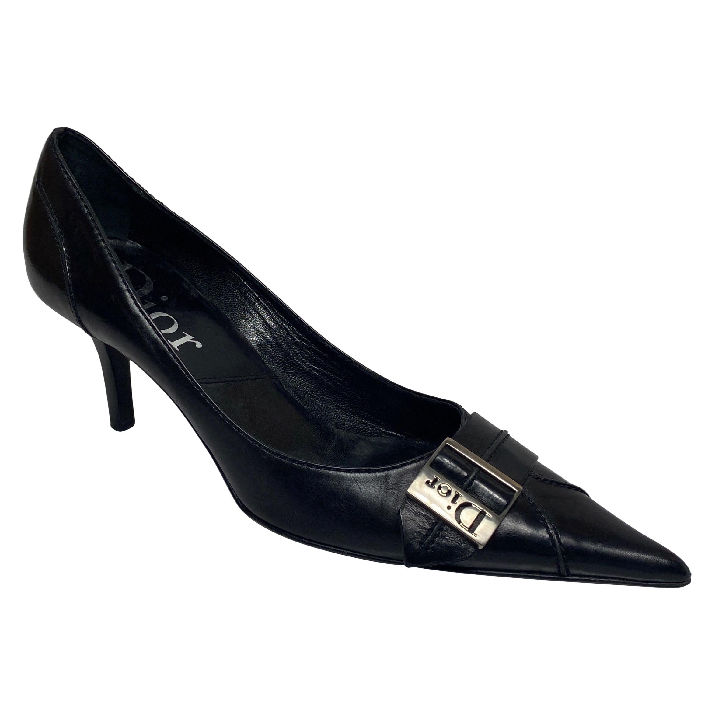Christian Dior Vintage Black Leather Pump with Silver Dior Buckle-Size 37.5 For Sale