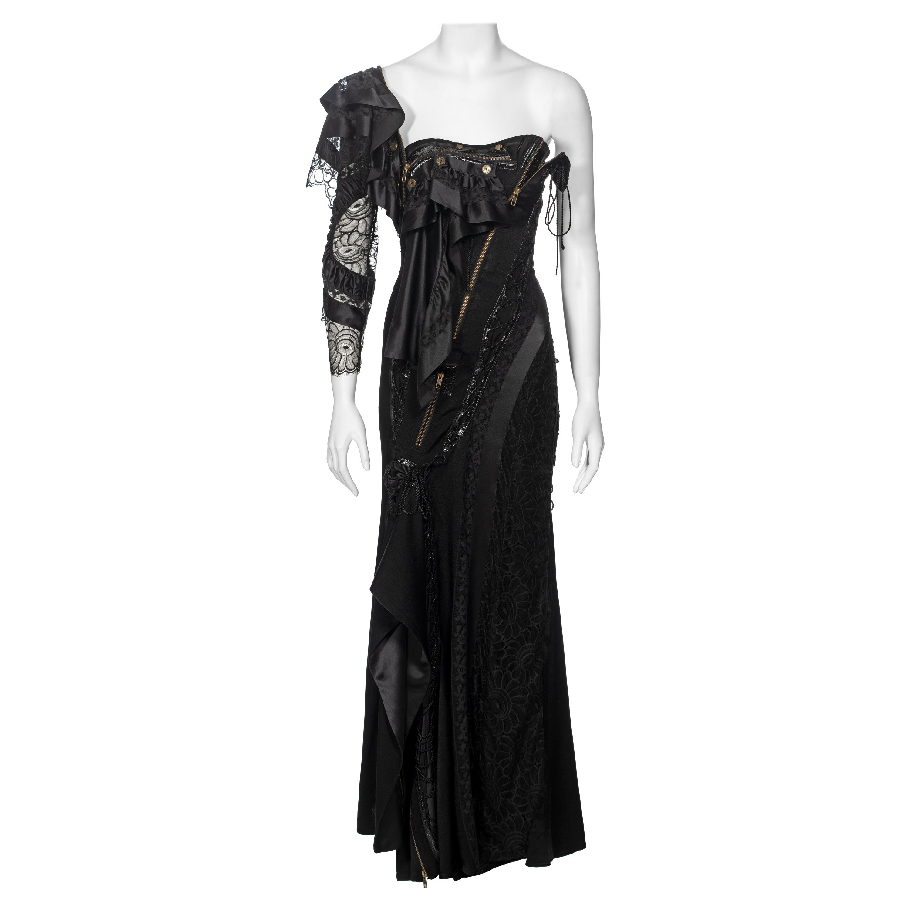 John Galliano Black Deconstructed Silk and Lace Evening Dress, ss 2002 For Sale