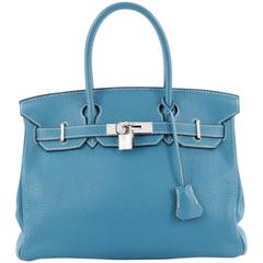 Hermes Birkin Handbag Blue Jean Clemence with Palladium Hardware 30