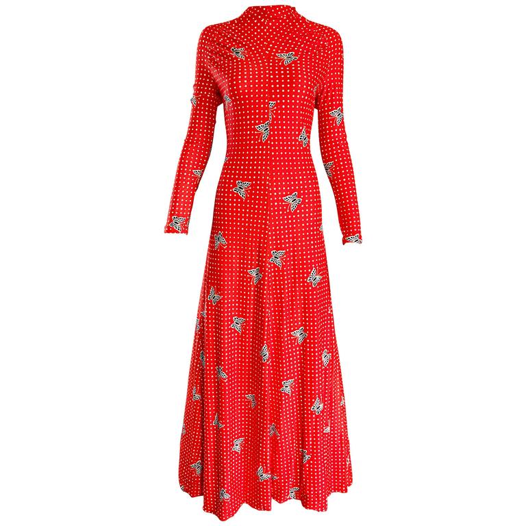 1970s Bright Orange ' Butterflies and Polka Dots ' Long Sleeve 70s Maxi ...