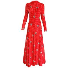 Vintage 1970s Bright Orange ' Butterflies and Polka Dots ' Long Sleeve 70s Maxi Dress 
