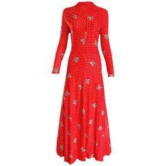 1970s Bright Orange ' Butterflies and Polka Dots ' Long Sleeve 70s Maxi Dress