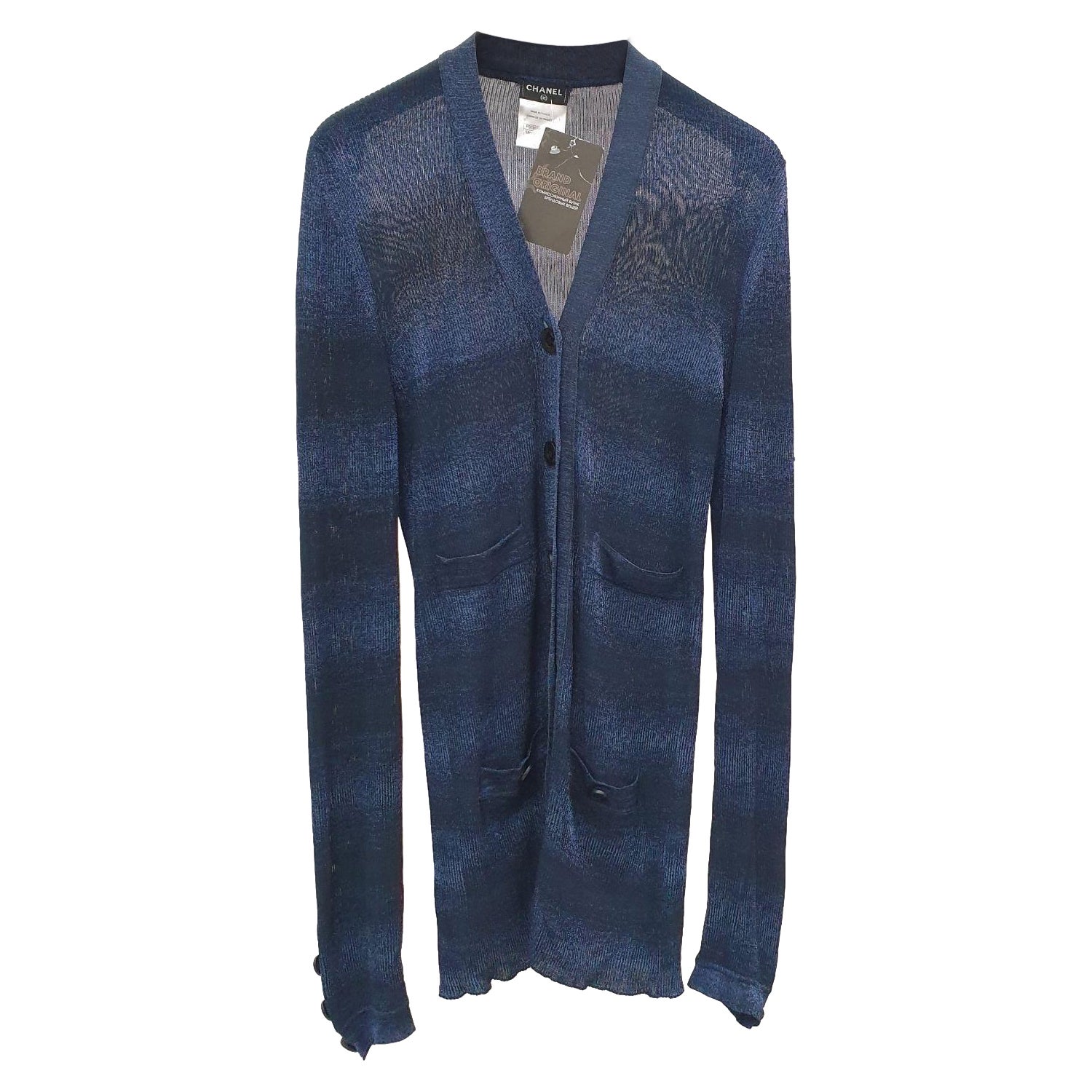 Chanel Navy Striped Knit Cardigan For Sale