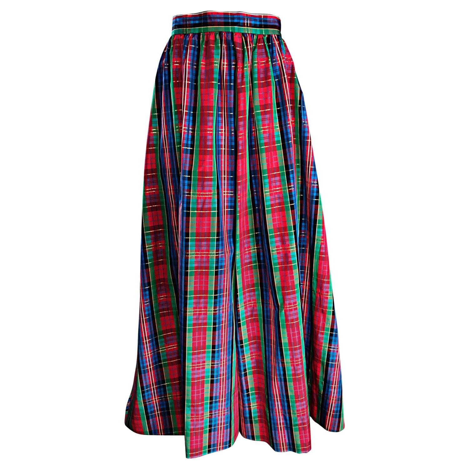 full length blue plaid skirt