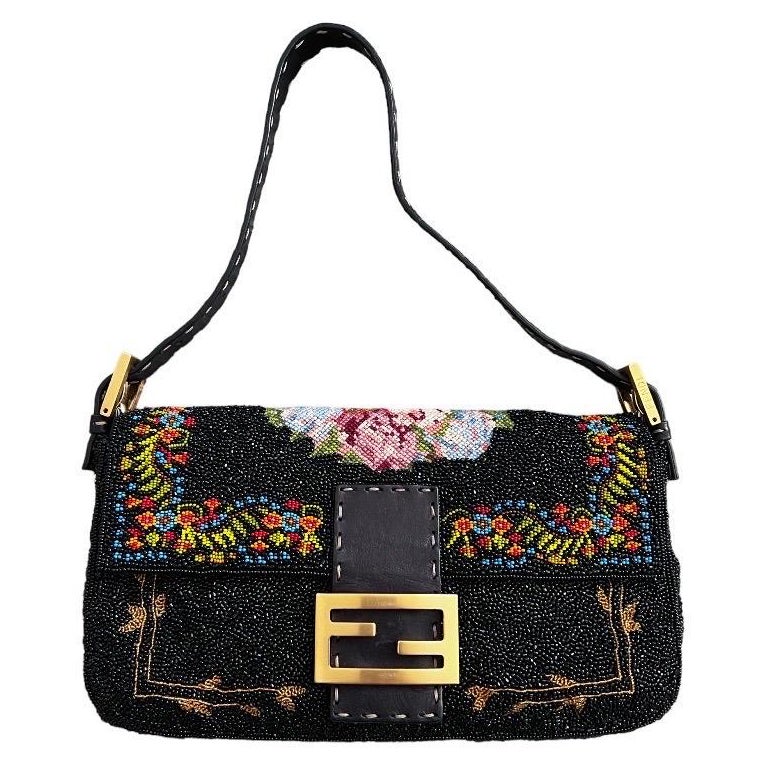 Vintage Fendi beaded with floral cross stitch baguette For Sale
