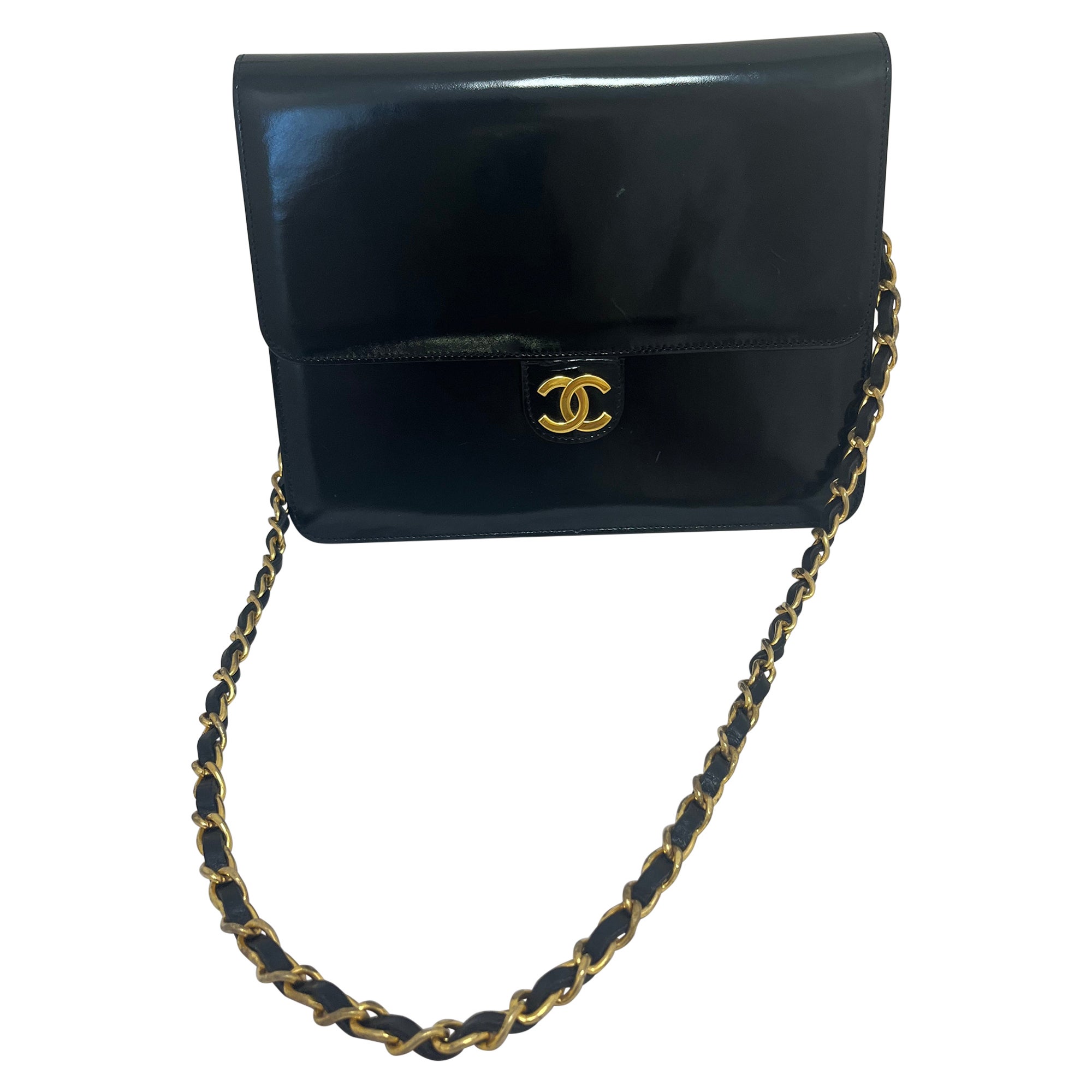 1986-88 Chanel Black Patent Leather Handbag w/COA and Card For Sale