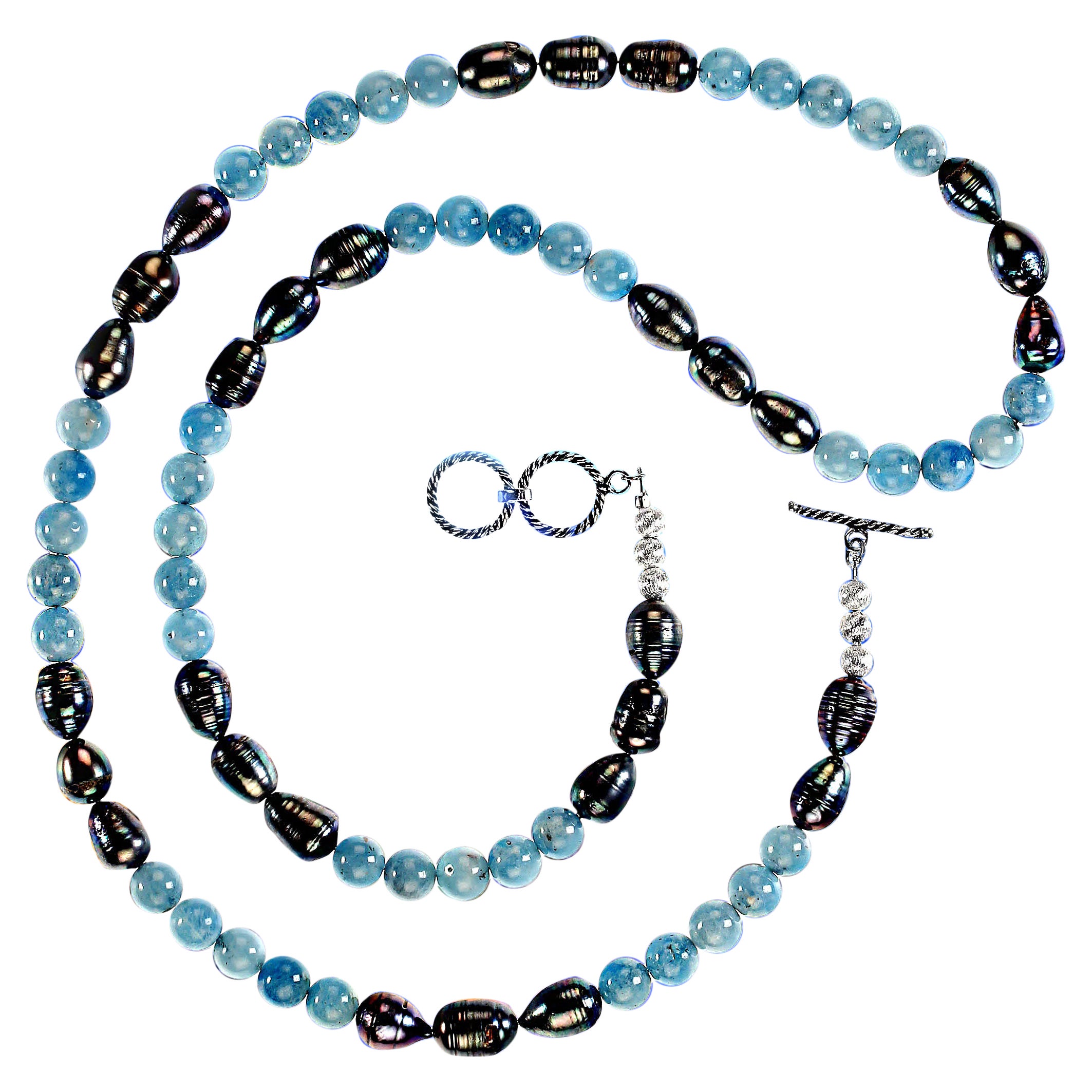 Perle AJD Collier élégant de perles grises et aigues-marines bleues de 31 pouces  Excellent cadeau !
