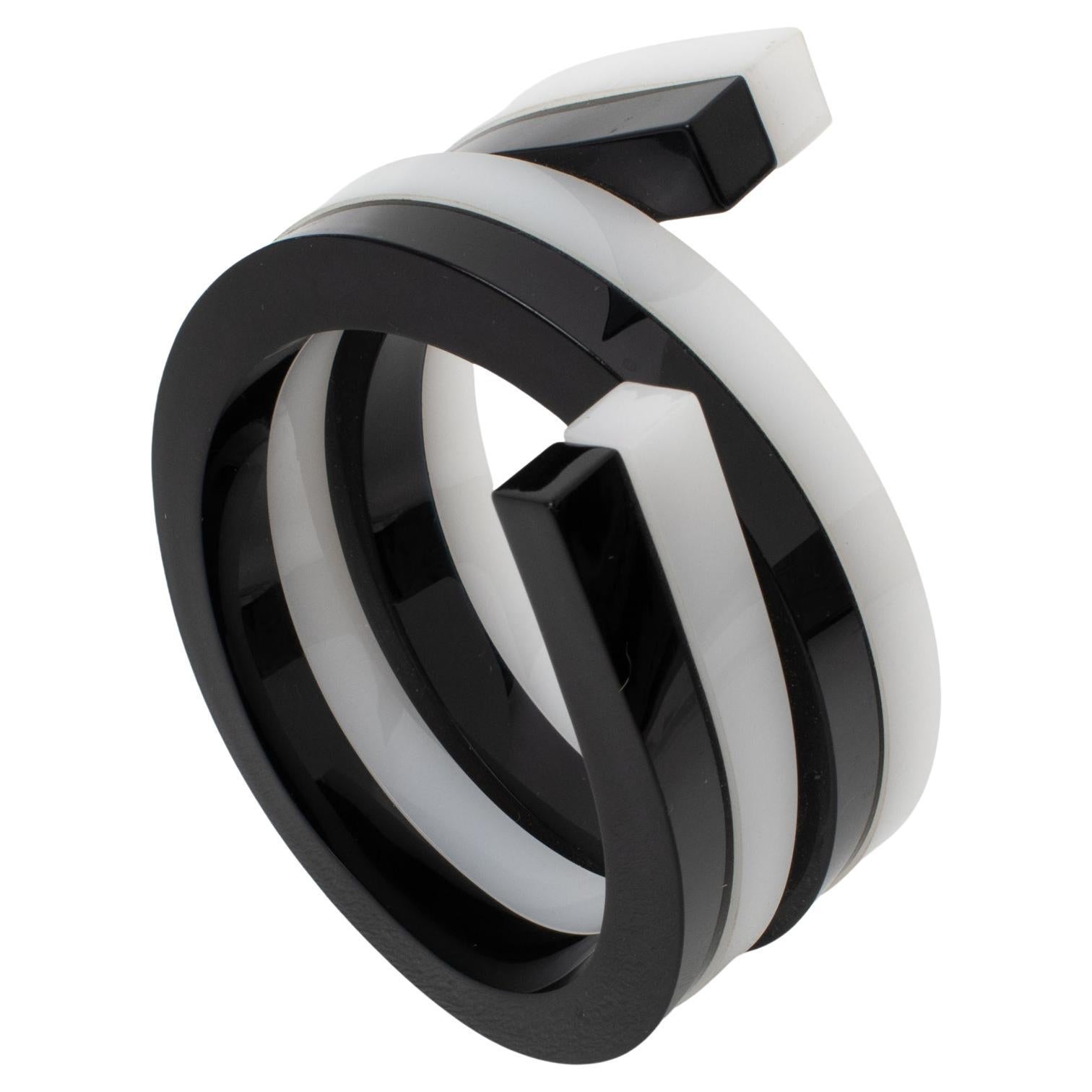 Black and White Oversized Lucite Coiled Bracelet Bangle