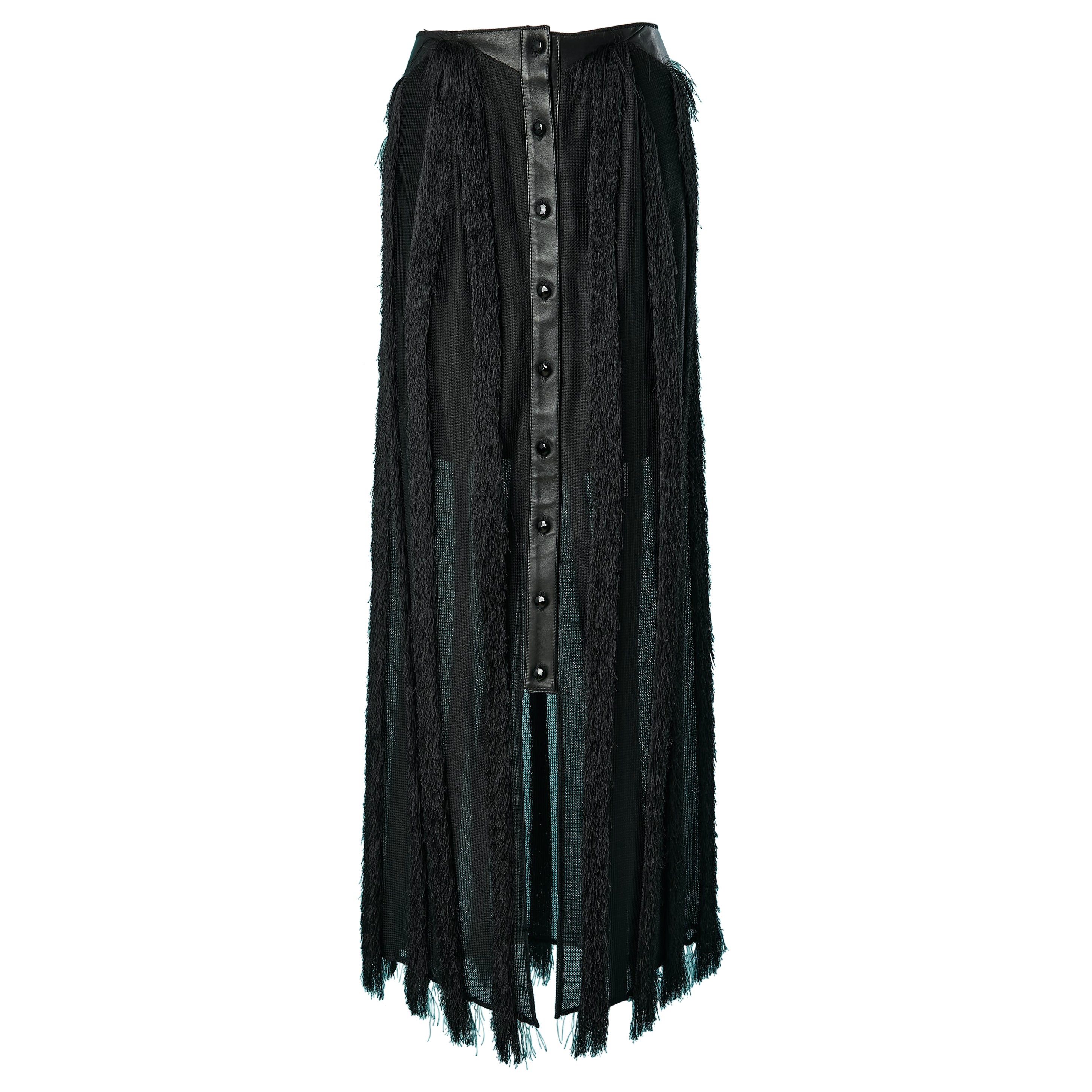 Black long skirt made of leather, soft tulle and threads fringes Augustin Teboul For Sale