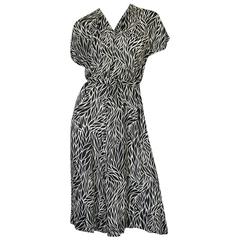 1940s Black 
White Graphic Print Silk Chiffon Dress