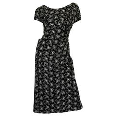 Vintage Late 1940s Hand Embroidered Black Velvet Fitted Dress
