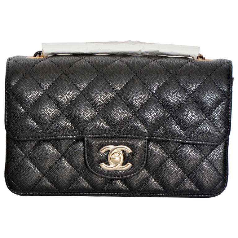 Chanel Classic Mini Rectangular 17C Black Quilted Caviar with light gold  hardware