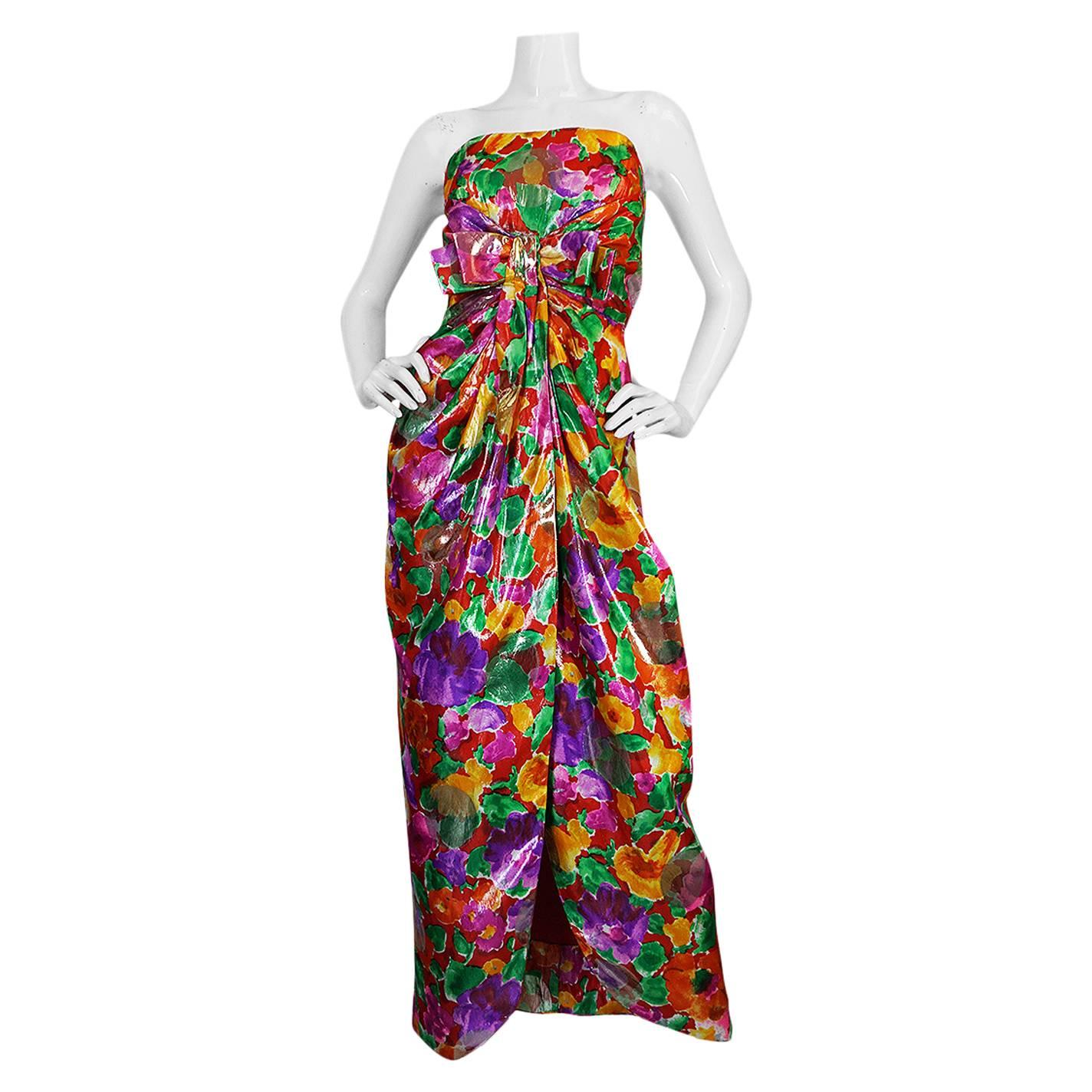 1980s Brilliant Metallic Floral Scaasi Strapless Boutique Dress
