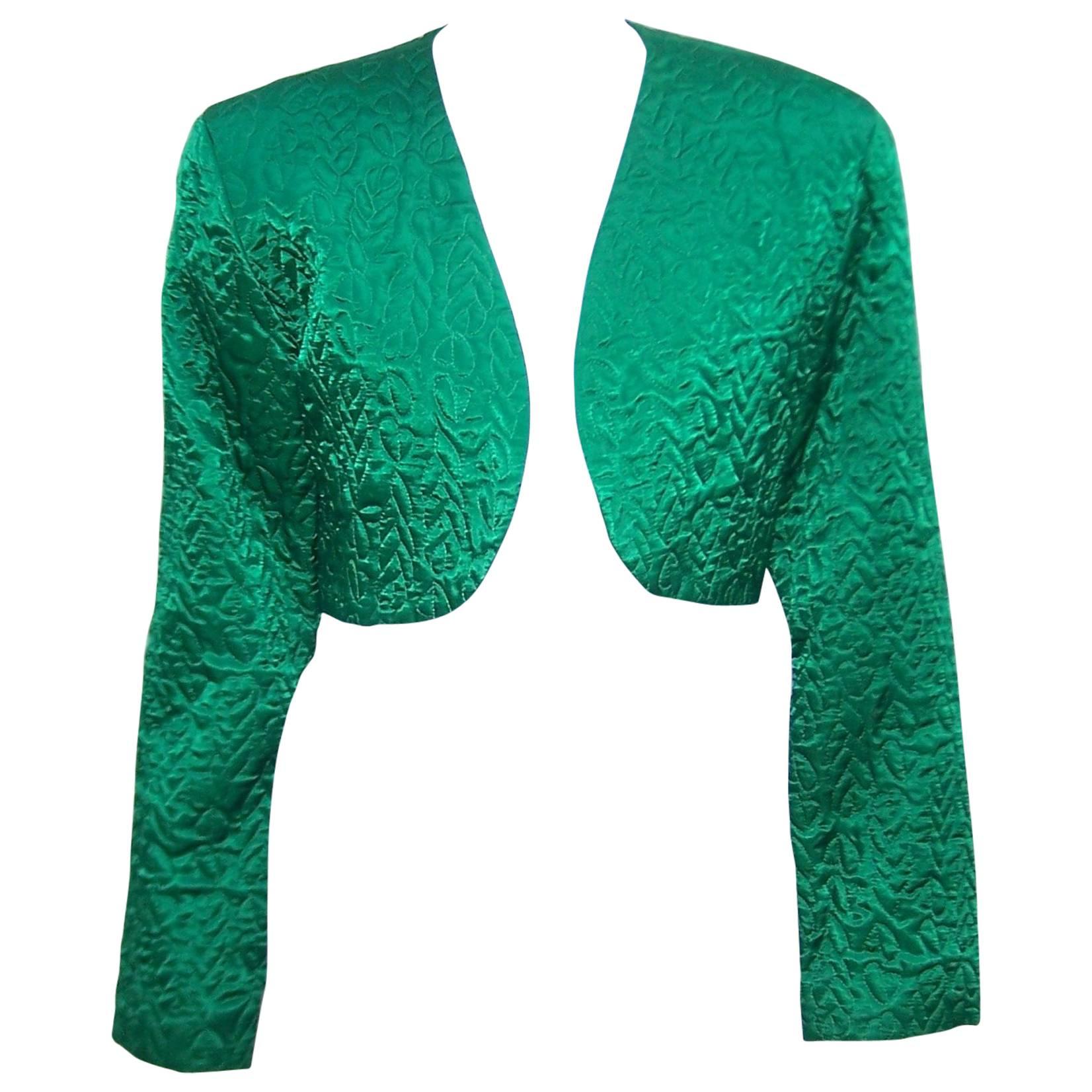 C.1980 Perry Ellis Emerald Green Quilted Satin Cropped Jacket