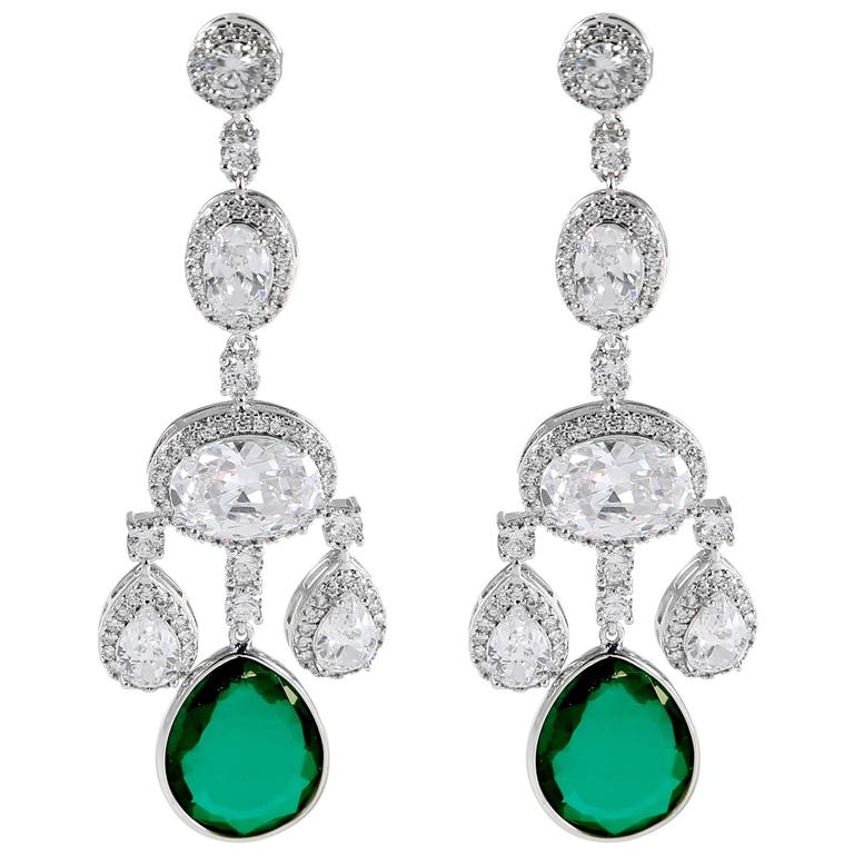 Magnificent Costume Jewelry Diamond Emerald Girandole Chandelier Magnificent Costume Jewelry Diamond Emerald Girandole Chandelier Earring For