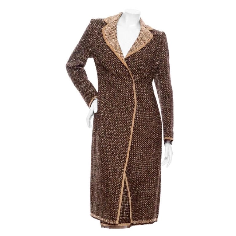 Prada Brown and Tan Virgin Wool Coat and Skirt Two-Piece Set