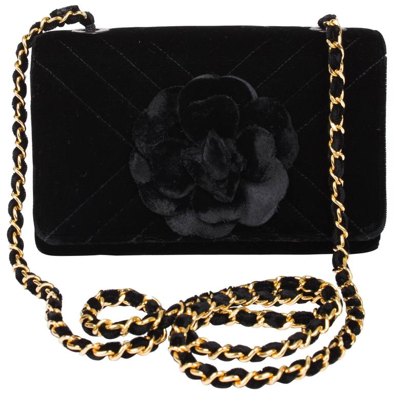 Chanel Velvet Camellia Mini Flap Bag black velvet/gold