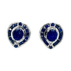 Art Deco Blue Sapphire Everyday Stud Earrings in Sterling Silver