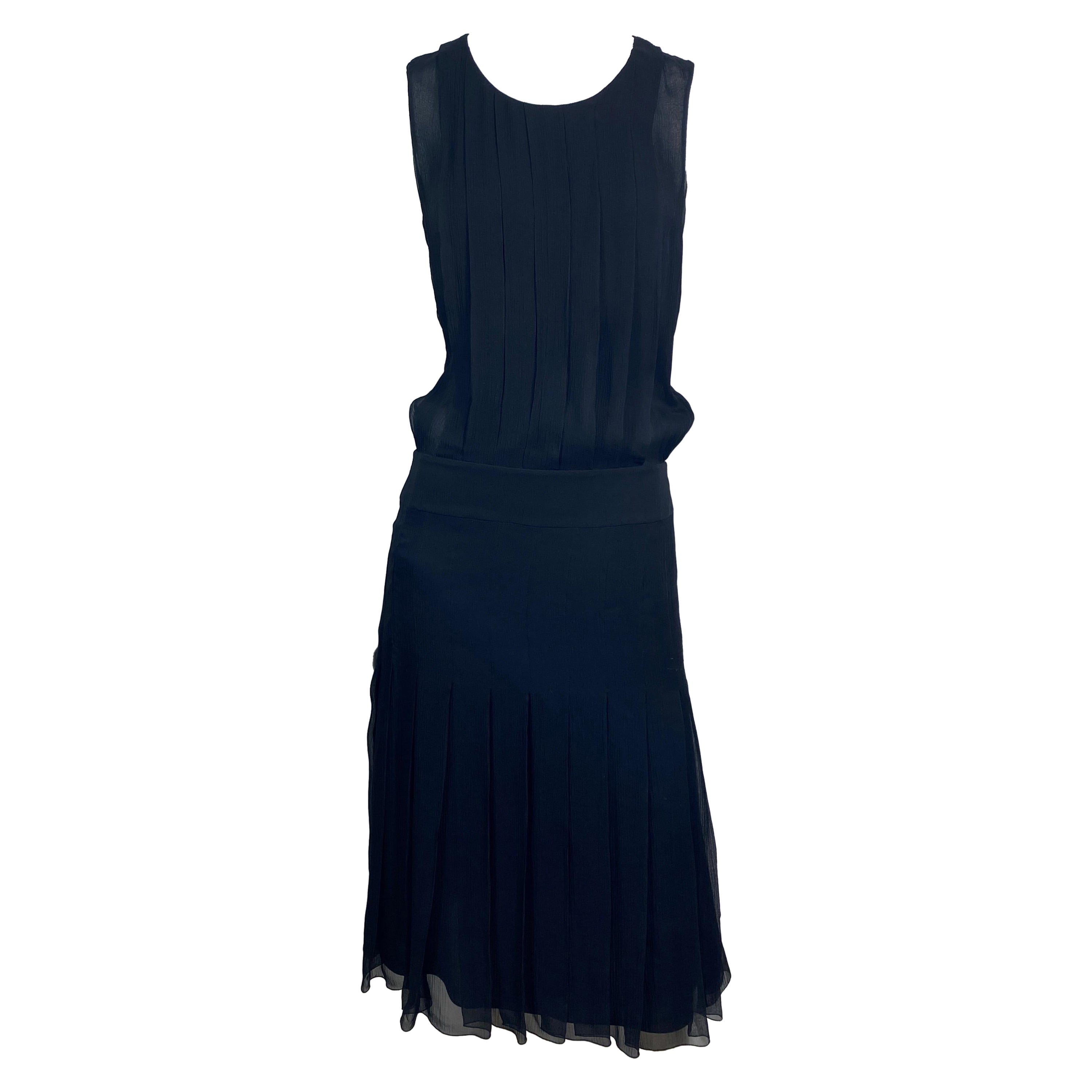 Chanel 2006C Black Silk Chiffon Sleeveless Dress-Size 40 For Sale