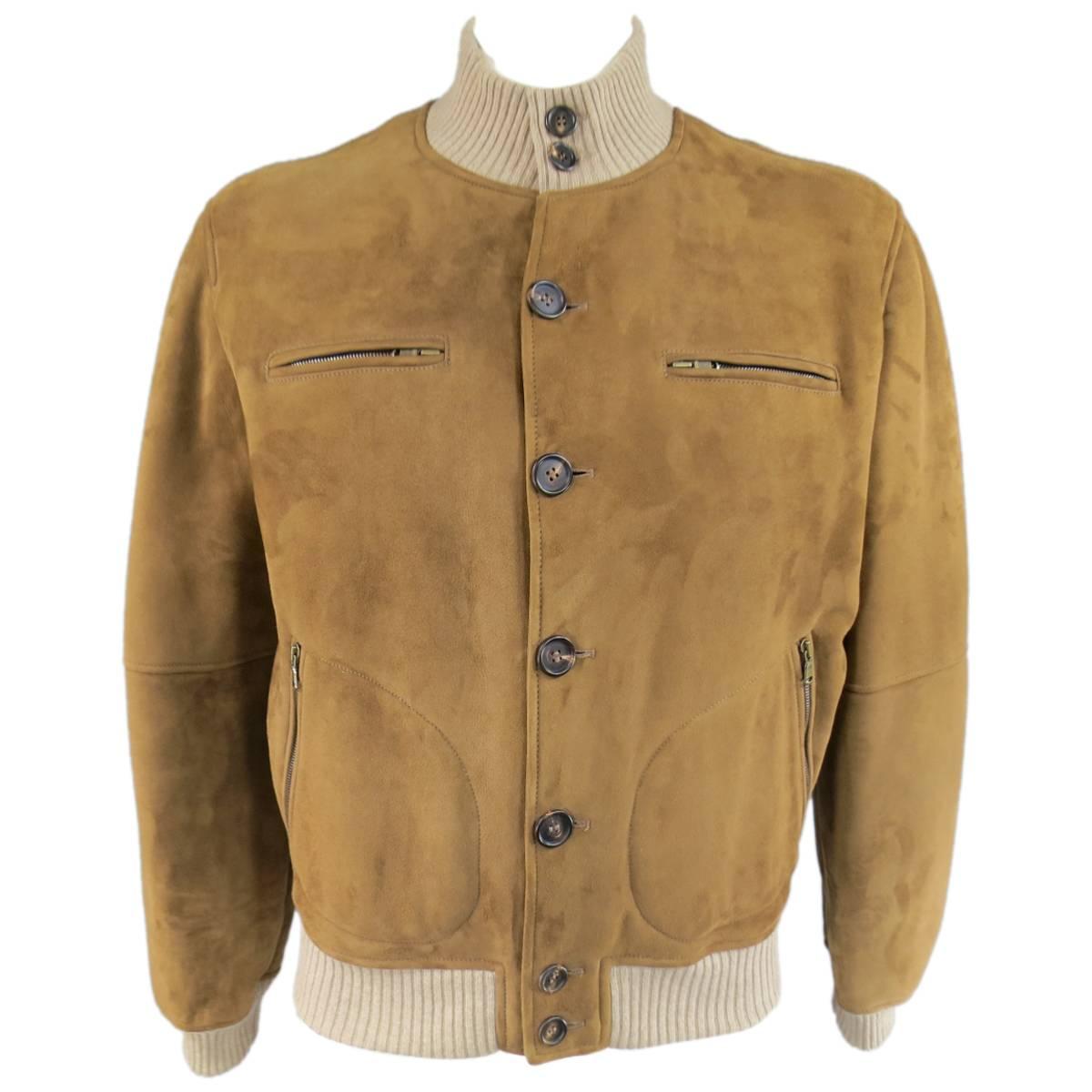 Men's BRUNELLO CUCINELLI 46 Tan Shearling Button Up Bomber Jacket