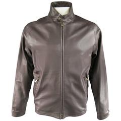 Used Men's LORO PIANA 44 Chocolate Brown Leather High Collar Jacket