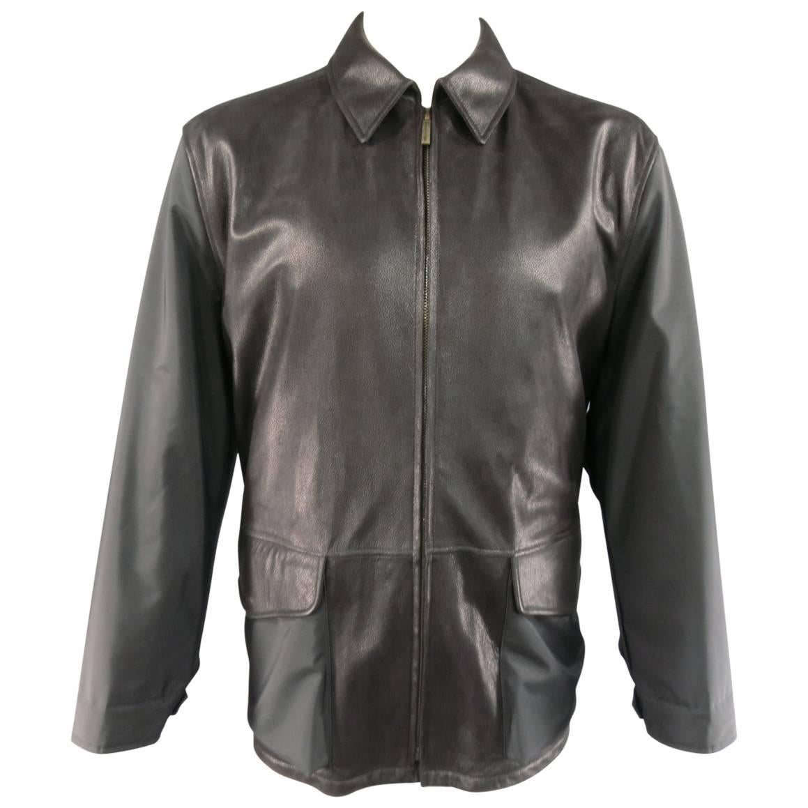 Men's ERMENEGILDO ZEGNA 42 Black Pebbled Leather & Nylon Collared Coat