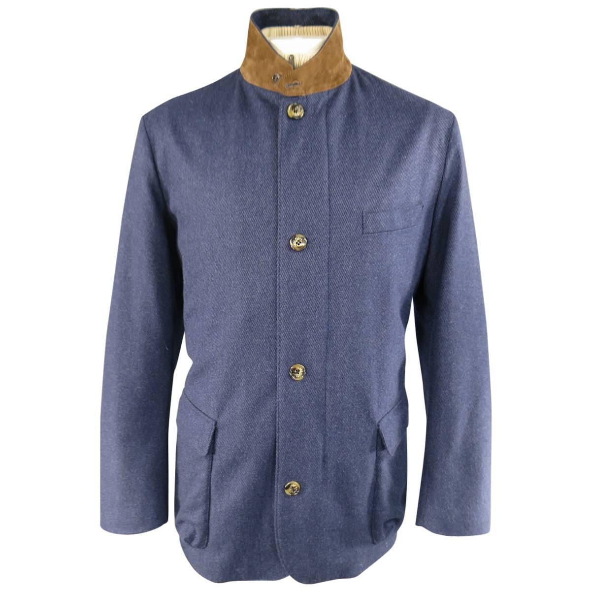 Men's LORO PIANA 44 Blue Textured Cashmere Detachable Khaki Vest Coat