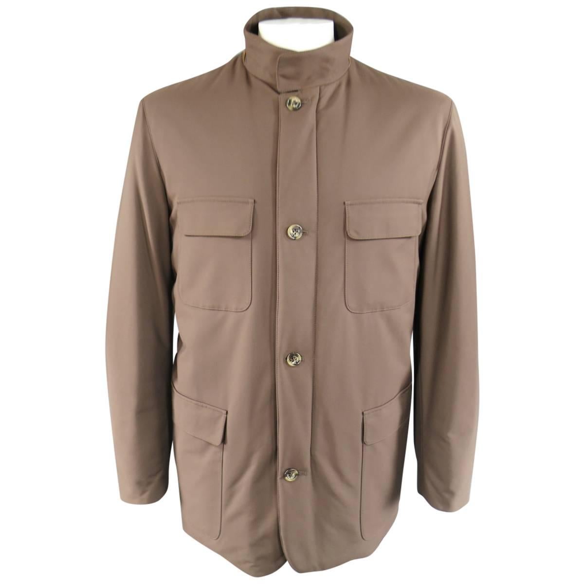 Men's LORO PIANA 44 Brown Nylon Twill Heavy High Collar Winter Coat