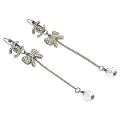 Chanel Silver Crystal CC Bow Stone Long Dangle Drop Pierced Earrings in Box