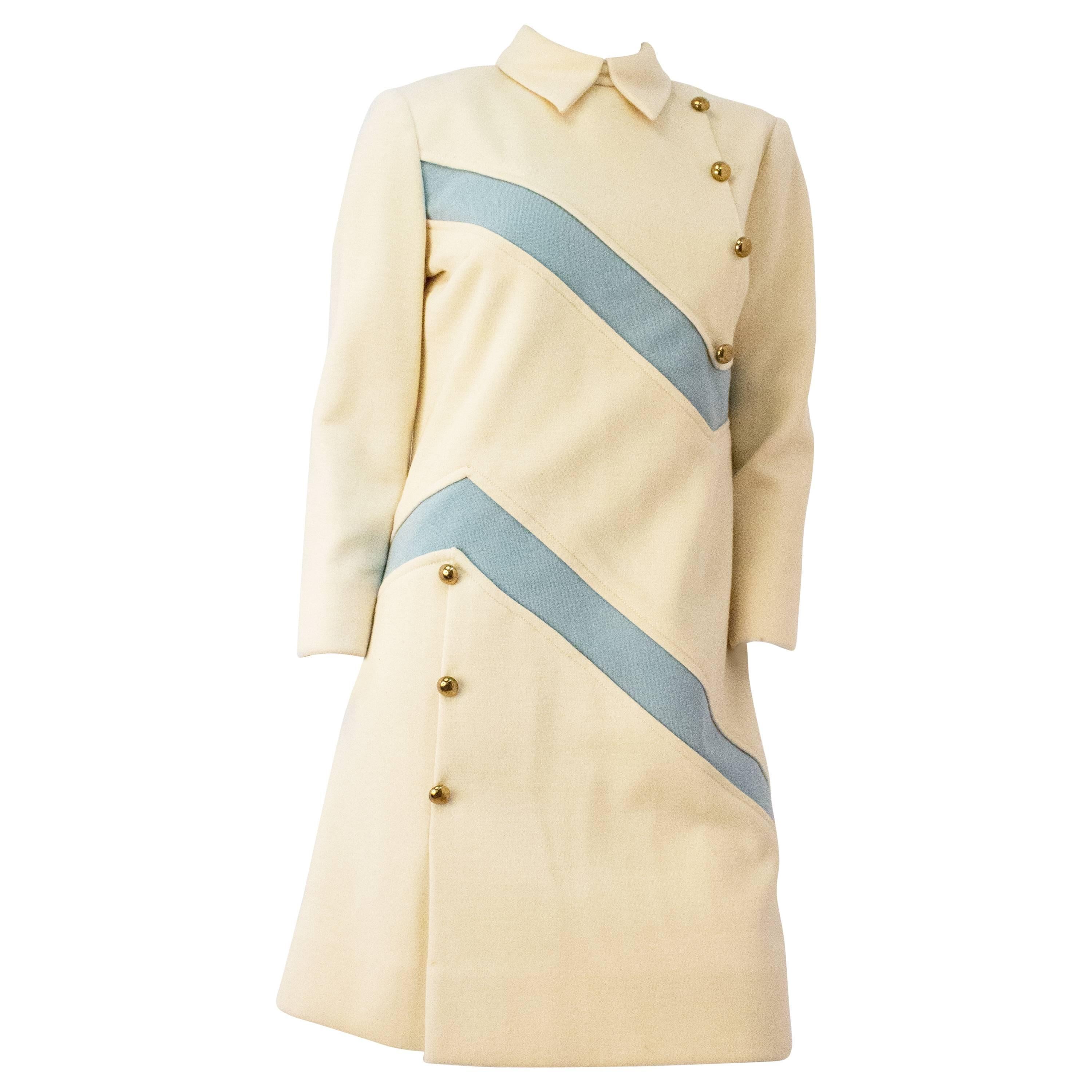 60s Mod Cream & Baby Blue Long Sleeve Shift For Sale