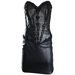 Rare Vintage Vicky Tiel Couture Leather Black Bustier Corset Sequin Beaded Dress