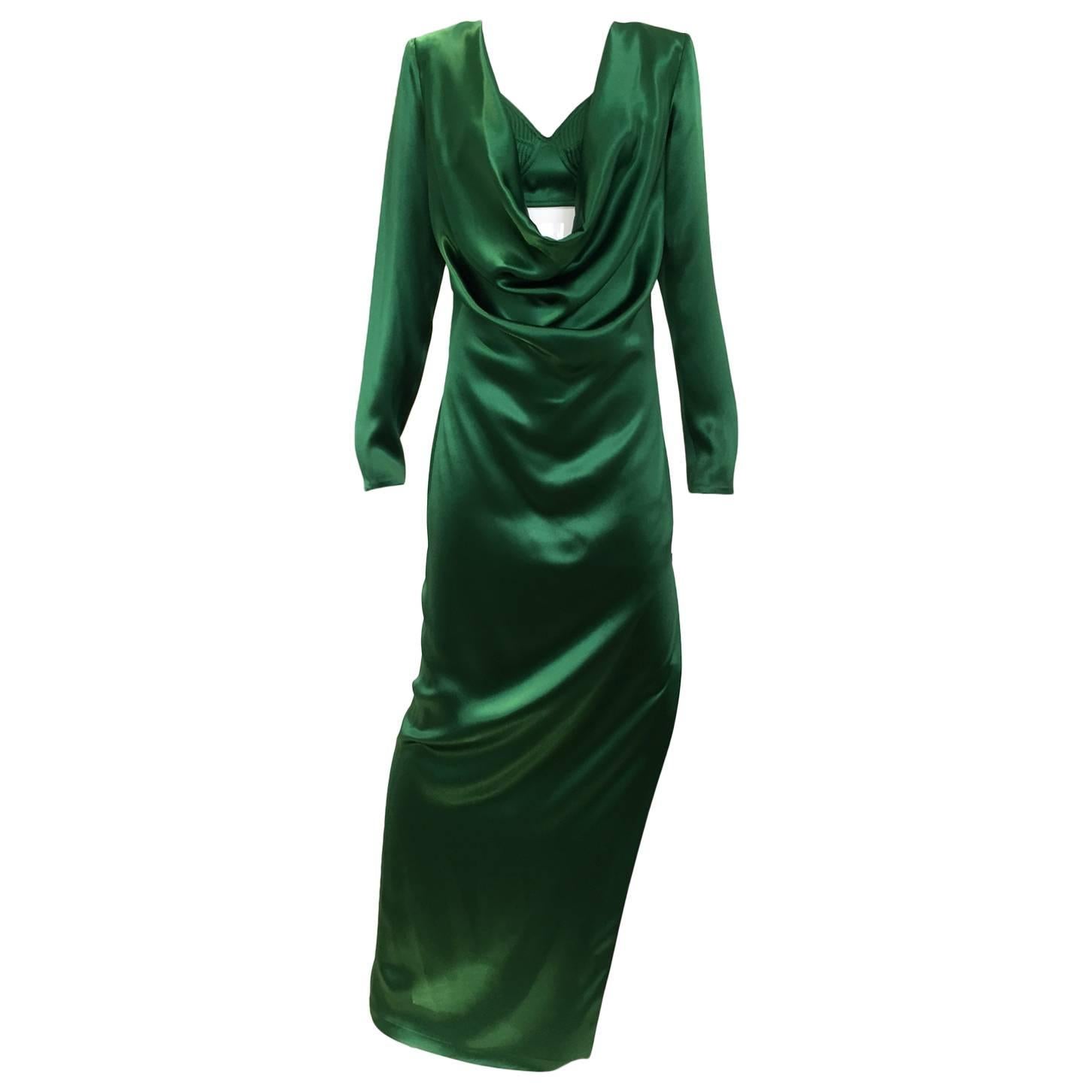 90s Iconic Jean Paul Gaultier emerald green silk charmeuse gown with bra