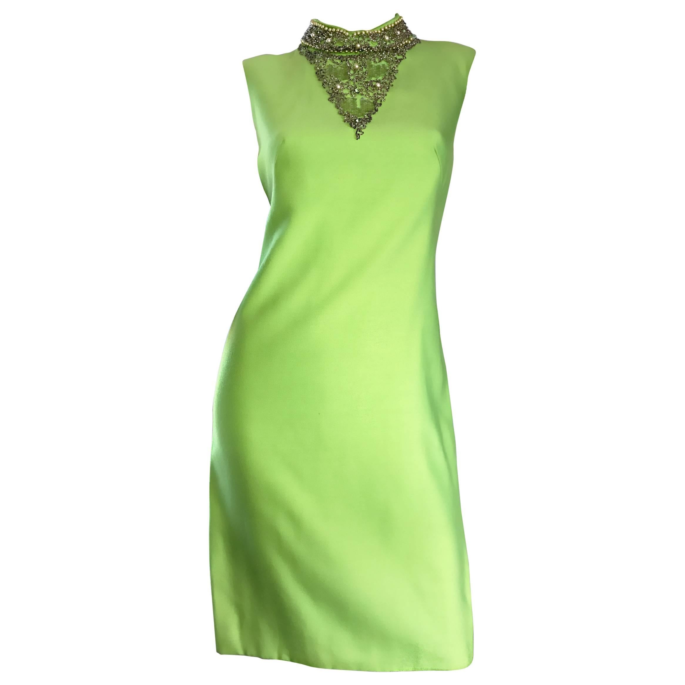 1960s Lime Green Vintage Beaded + Sequined 60s Bright Mod Shift Dress w/ Pearls