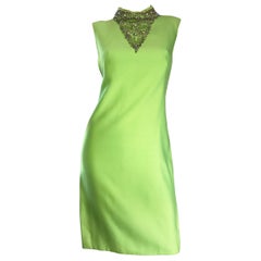 1960s Lime Green Retro Beaded + Sequined 60s Bright Mod Shift Dress w/ Pearls