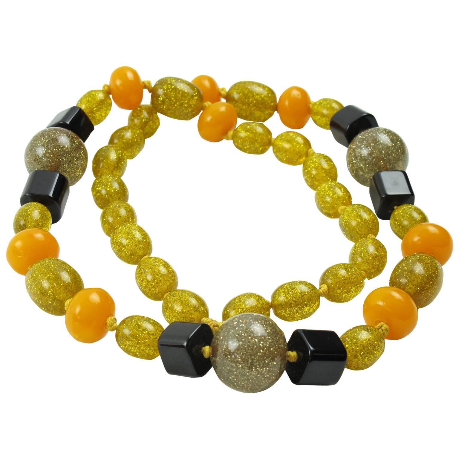 Bakelite Lucite Necklace Extra Long Shape Black Yellow Glitter Beads